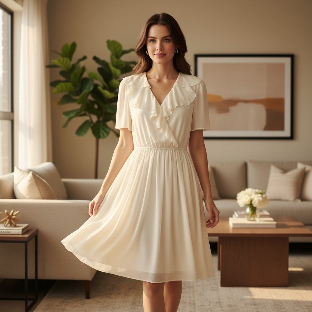Vintage 1960s Leslie Fay Womens 12 Ivory Ruffle Neck Cottagecore Dress Union